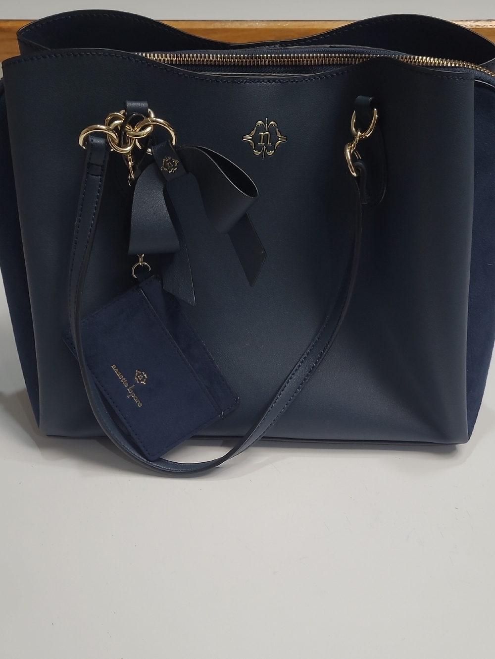 Nanette Lepore Midnight Navy Blue Tote Bag with Bow and Gold Hardware
